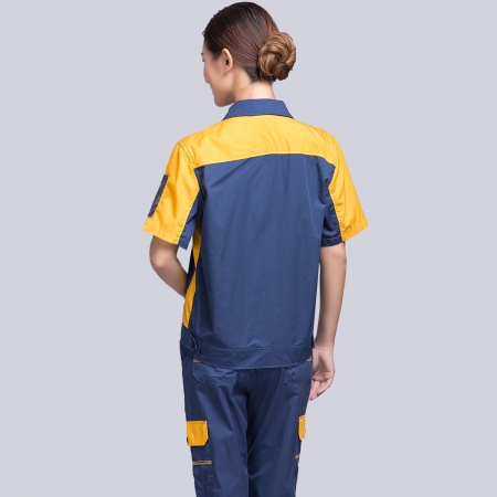 蟹青拼黄色短袖工作服-5