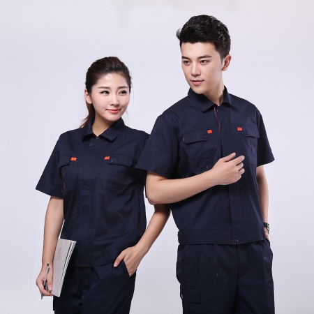 深蓝配桔红夏季工作服定制